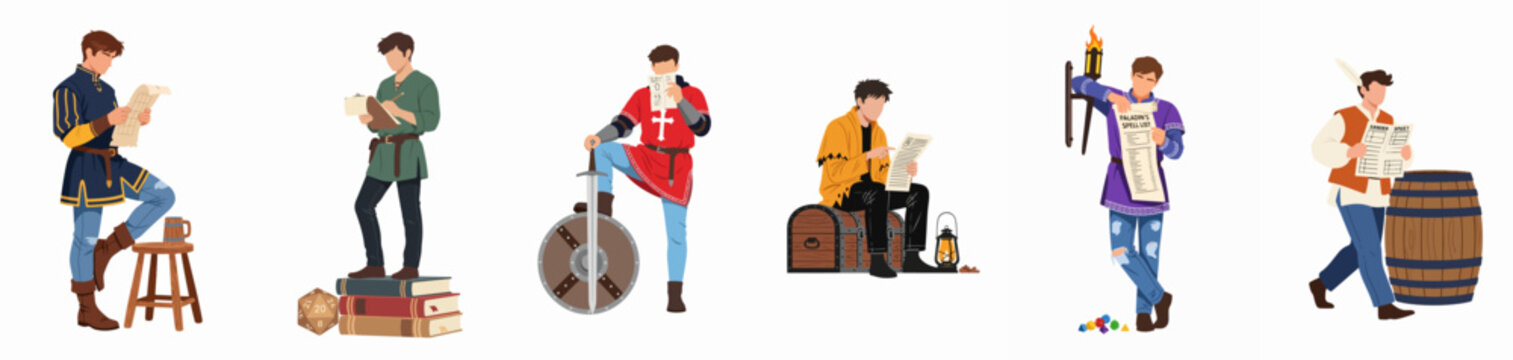 Flat vector illustration set of fantasy RPG characters reading maps, spell lists, and character sheets for tabletop gaming adventures.