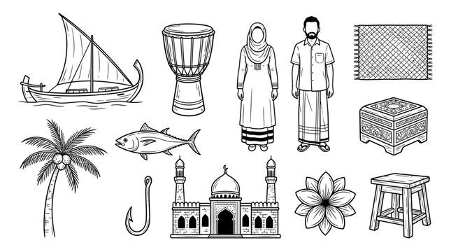 Traditional Maldives Heritage Symbol and Cultural Icon Featuring Minimalist Hand Drawn Line Art Vector Illustration of Tropical Island History Folk Art and Authentic Maldivian Design Element