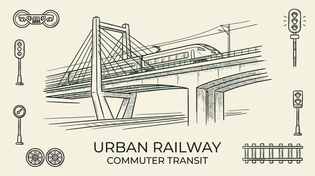 Modern minimalist urban railway transit bridge doodle sketch representing a fast train journey through a contemporary city landscape for travel and transportation concepts.
