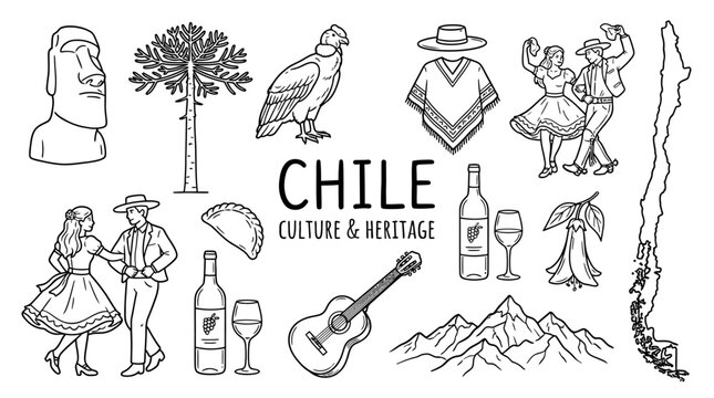 Traditional Chilean Culture and National Heritage Symbols Collection Hand Drawn Minimalistic Line Art Doodle Icons Representing Chile Folklore South America Ethnic Illustration Set Isolated on White