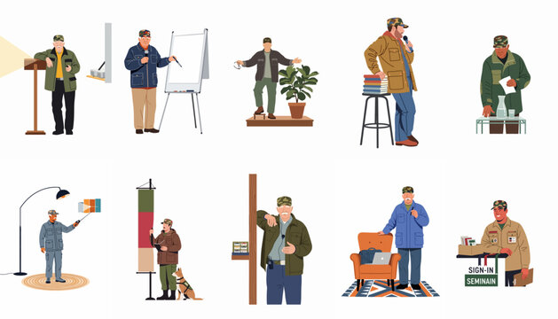 Set of illustrations featuring various men in camouflage hats and outdoor jackets leading and participating in seminars, workshops, and educational presentations.
