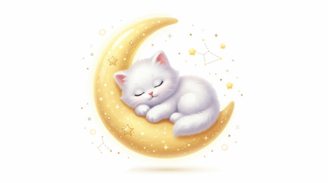 A serene cat sleeps peacefully on a glowing crescent moon on international cat day.