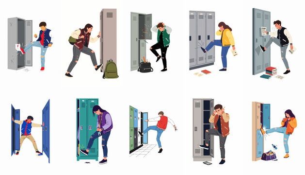 A collection of frustrated students expressing anger and academic stress by kicking school lockers after failing exams in a flat vector illustration style.