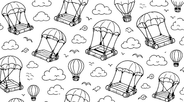 Whimsical hot air balloons and parachutes in the sky.