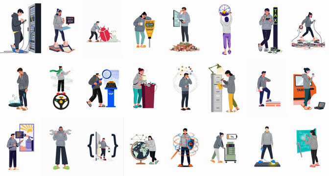 Collection of flat illustrations showing software developers and IT engineers working on diverse technical tasks, coding, debugging, and maintaining systems in a casual setting.
