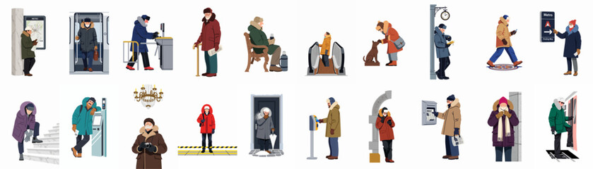 Collection of flat illustrations depicting people in warm winter clothing engaging in various activities within a metro or subway station environment. © Pat