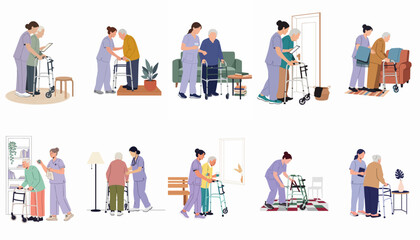 Fototapeta premium Flat illustration set of female caregivers assisting elderly people with walkers in various home scenarios, showcasing geriatric care and support.