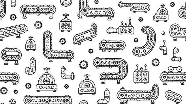 Black and white robot and machinery line art illustration.