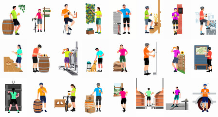 Fototapeta premium Large collection of flat vector illustrations depicting cyclists enjoying craft beer and visiting a brewery after a bike ride.