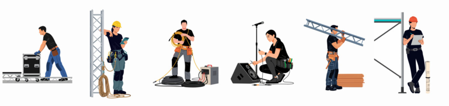 Stage crew members working on production setup, including riggers, sound technicians, and lighting professionals on a white background.
