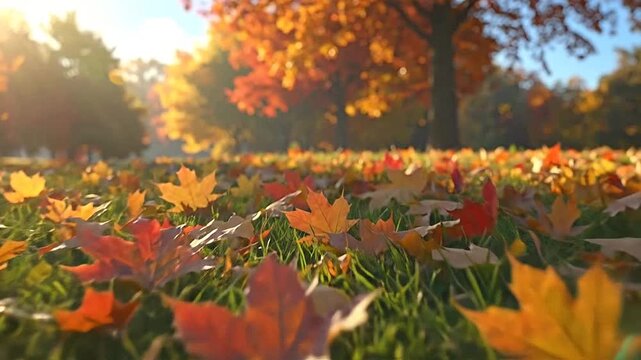 Golden autumn maple leaves scattered on green grass in a sunlit park