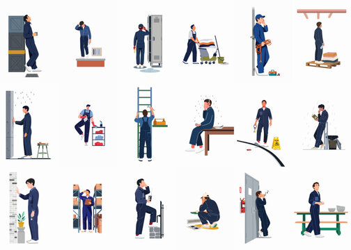 Diverse collection of flat vector illustrations depicting service workers, cleaners, and maintenance staff in various professional and idle workplace scenarios.
