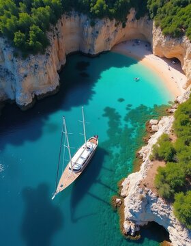Aerial view of yacht near secluded beach cove with turquoise water. Rugged cliffs surround pristine sand and clear blue ocean waves. Nature escape, boat trip, summer vacation.