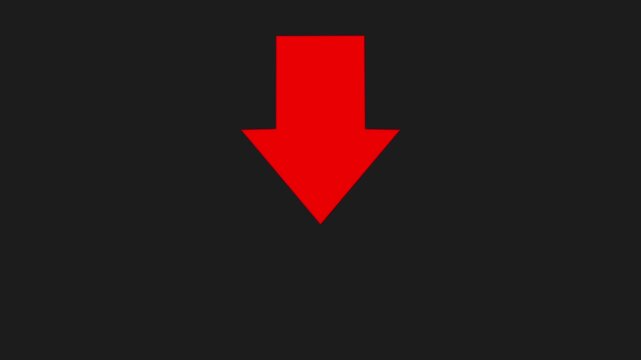 Minimalist red arrow pointing downward pulsing animation on a solid dark background, for digital interface, user experience navigation, and modern motion