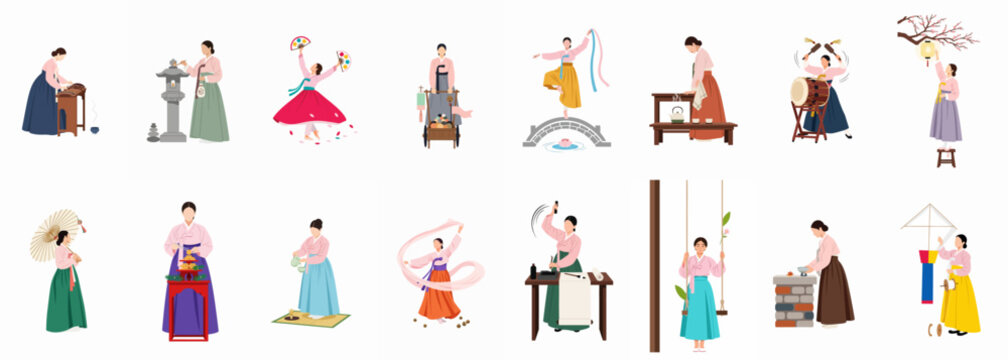 Collection of traditional Korean cultural illustrations featuring women in hanbok performing various arts, music, dance, and historical customs.