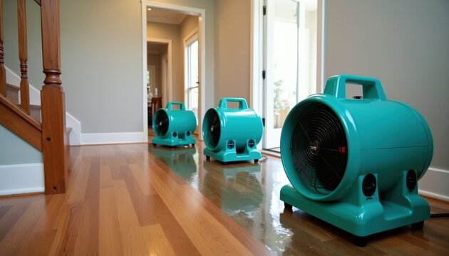 Turquoise air movers dry wet hardwood floor inside house hallway. Restoration equipment helps remove moisture after water damage or flood. Professional drying service for home interiors.