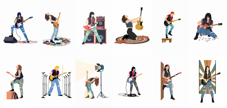 Set of Flat Vector Illustrations Featuring Rock and Metal Guitarists Performing with Electric Guitars, Amplifiers, and Stage Equipment on White Background