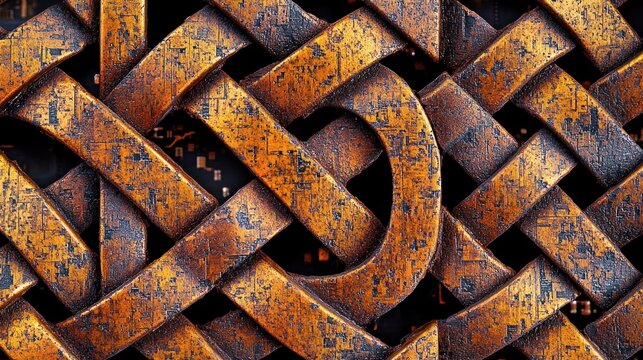 Ornate, interwoven metal design with a distressed, copper-toned finish.