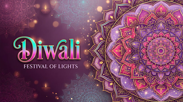 Diwali Festival of Lights banner with purple mandala and gold lamps