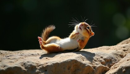 Obraz premium Cute chipmunk relaxes on its back, paws up in sunlit ground. Small rodent sunbathes on sandy rock, its striped fur visible. Animal rests peacefully outdoors.