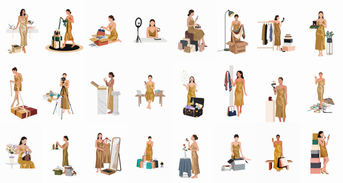 Collection of flat illustrations showing a fashion influencer woman in a gold dress unboxing, shopping, and creating social media content.