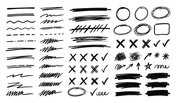 Collection of hand drawn marker underline and strikethrough strokes