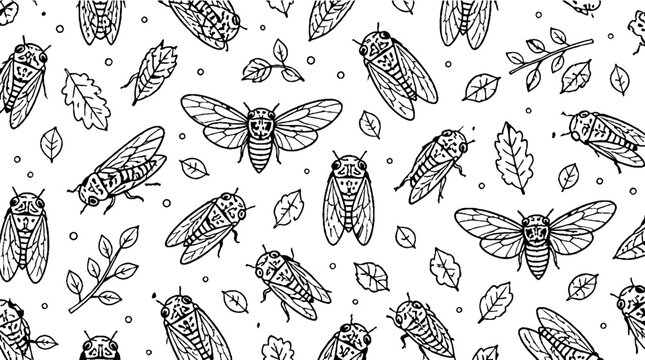 Detailed black and white cicada and leaf pattern illustration.