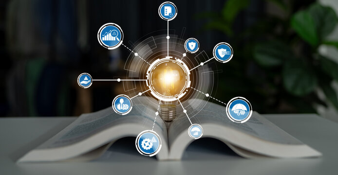 An open book symbolizes the foundation of knowledge, enhanced by a glowing light bulb and technology icons, representing innovation and creative ideas in modern development. Crux