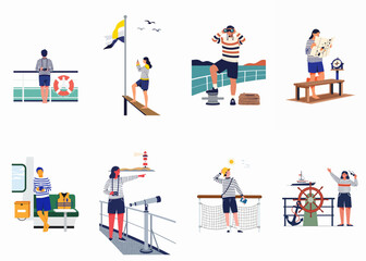 Naklejka premium A collection of flat vector illustrations showing various people enjoying a nautical boat trip and maritime activities on a ship deck.