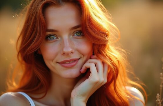 Smiling young woman with long ginger hair outdoors. Her face is illuminated by warm sunlight creating a soft glow. She touches her cheek with her hand. Natural beauty portrait.