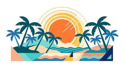 Fototapeta premium Abstract Geometric Tropical Beach Sunset with Palm Trees Vector Illustration 