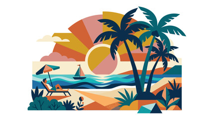 Obraz premium Flat Retro Tropical Beach Sunset Illustration with Palm Trees and Sailboat 