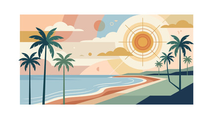 Obraz premium Minimalist Retro Tropical Beach Sunset Vector with Palm Trees and Ocean Waves in Pastel Palette 