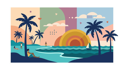 Obraz premium Modern Flat Tropical Beach Sunset Illustration with People and Palm Trees 