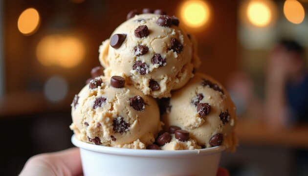 Scoops of creamy cookie dough ice cream piled in a cup. Rich vanilla base with chocolate chips and cookie dough chunks. Delicious sweet dessert ready to eat.