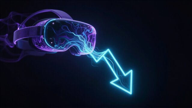 VR headset glows with neon arrow pointing down, symbolizing virtual reality's decline.