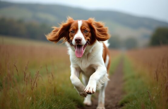 Brown and white Brittany spaniel dog runs fast through field. Happy pet trots on dirt path in countryside. Doggy enjoys outdoor play on cloudy day.
