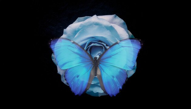 Close up of a light blue rose with a morpho butterfly centered on a pure black background