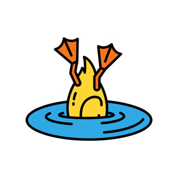 Yellow duck diving in a blue duck pond showing its orange feet