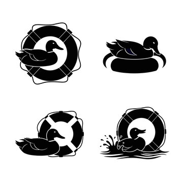 Duck pond icons with lifebuoy and water splash silhouettes