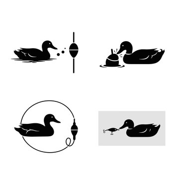 Duck pond fishing icons featuring bird and float silhouettes