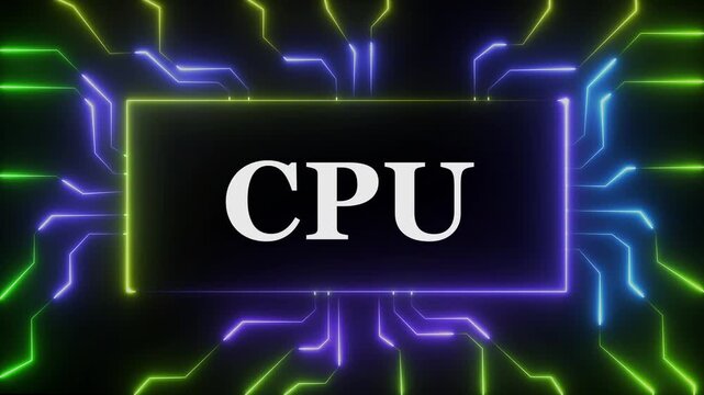 Central processing unit cpu concept featuring glowing neon circuit board lines and digital data flow animation for high-tech computing, artificial intelligence, cybersecurity, and advanced hardware