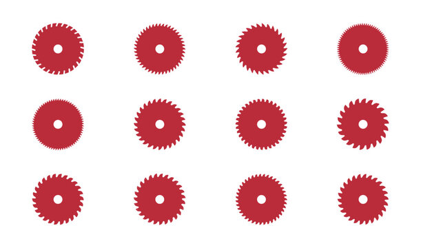 Set of twelve red circular saw blade with different tooth patterns