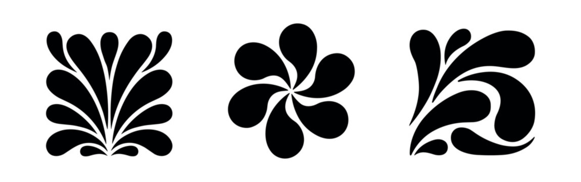 Three black and white with teardrop and petal shapes