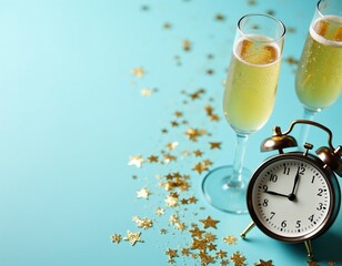 Fototapeta premium Two glasses with champagne and alarm clock on blue surface with gold star confetti. Holiday celebration for New Year party, festive toast with bubbly drinks.