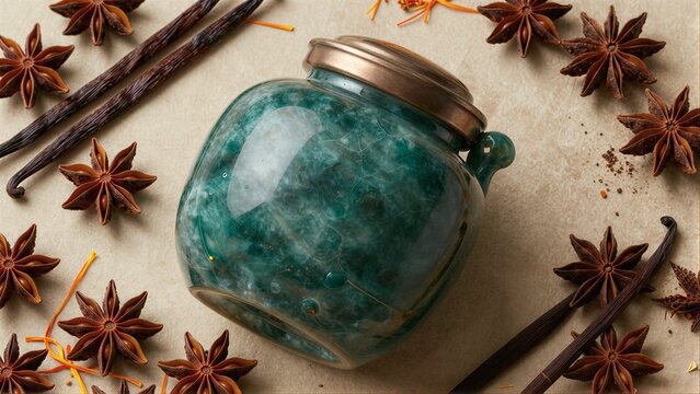 Turquoise jar surrounded by star anise and vanilla beans on textured surface.