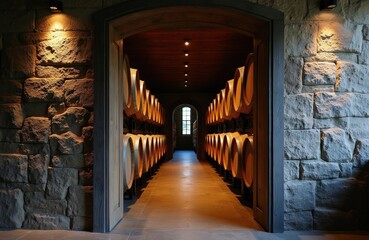 Fototapeta premium Stone winery cellar with rows of wooden barrels stacked high. Warm light illuminates the rustic atmosphere, creating a sense of tradition and quality. Dimly lit space with arched doorway and window.