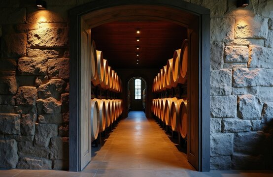 Stone winery cellar with rows of wooden barrels stacked high. Warm light illuminates the rustic atmosphere, creating a sense of tradition and quality. Dimly lit space with arched doorway and window.