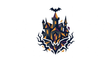 Spooky Haunted Castle with Bats and Twisted Trees Illustration. © Azkal
