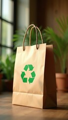 Fototapeta premium Brown paper shopping bag with green recycle symbol. Natural material eco-friendly packaging for retail stores. Sustainable concept for product merchandise zero waste.